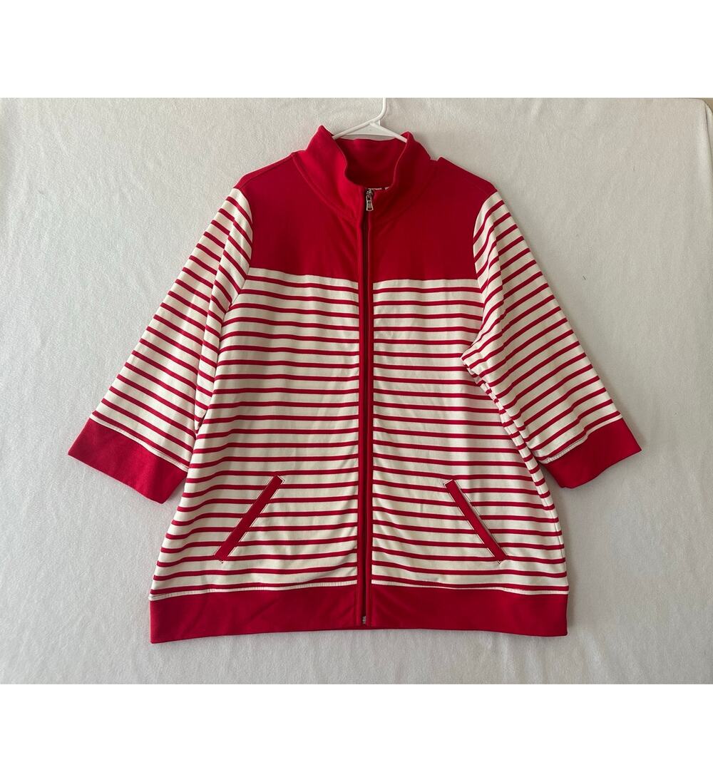Denim & Co. Red Stripe Zip Jacket Top 1X 3/4 Sleeve Pockets